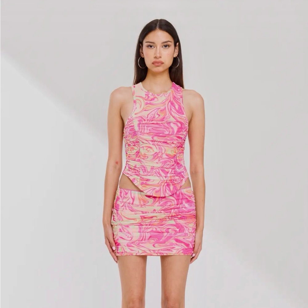 Swirl Ruched Crop Tank and Low Rise Skirt Set